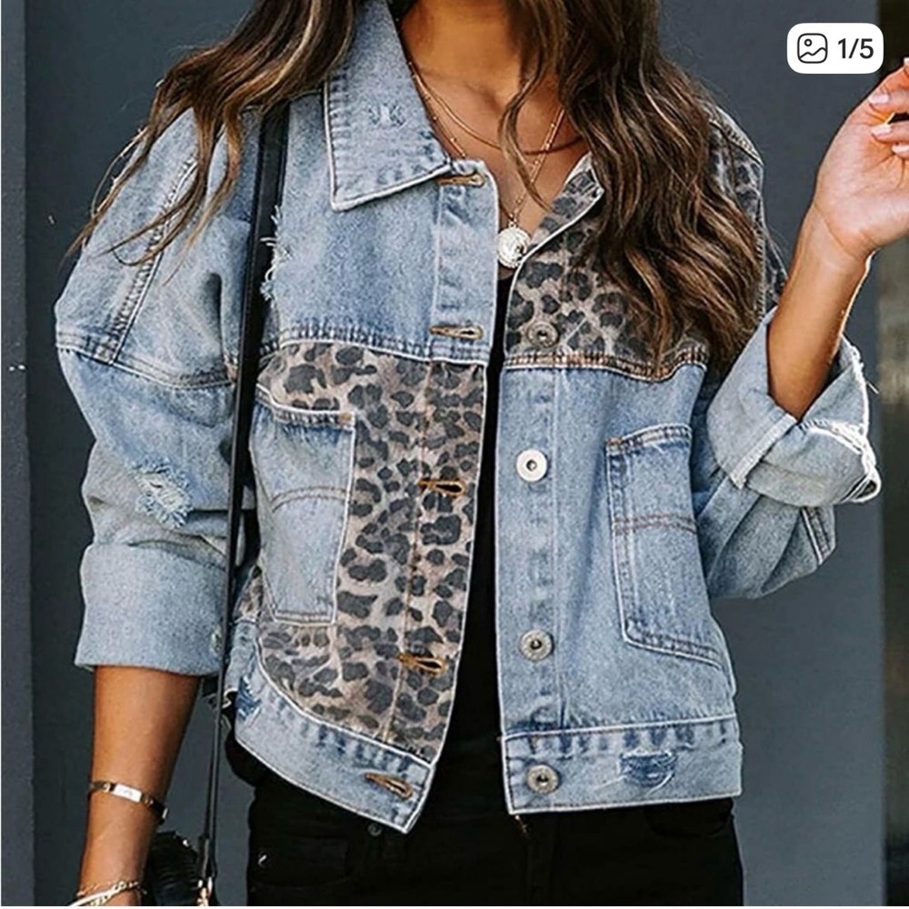 Denim Leopard Patchwork Jacket - Light Blue